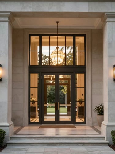 Architectural symmetry of a luxury modern villa entrance, soft natural window light, warm elegant tones, 35mm photography