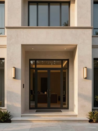 Symmetrical architectural shot of a minimalist luxury villa entrance, soft golden hour light, warm editorial photography