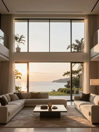 Symmetrical architectural shot of a modern luxury villa living room, warm golden hour light filtering through large floor-to-ceiling windows, minimalist design, elegant furniture, 35mm.