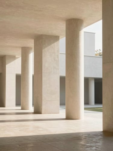 Architectural space with soaring heights and natural light, clean concrete pillars, warm morning sun casting long shadows, editorial photography, 35mm lens.