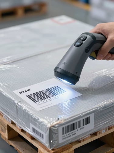 Bright, clean, cool-toned macro shot of logistics technology, a barcode scanner illuminating a shipping label on a neatly stacked pallet in a modern warehouse.