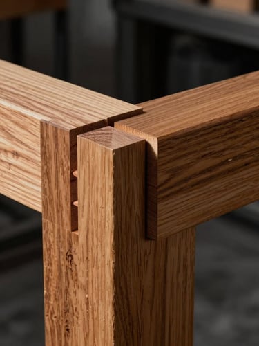 Close-up of a precision-cut mortise and tenon joint in warm teak wood, sharp focus on the interlocking grain, industrial workshop background with charcoal shadows.