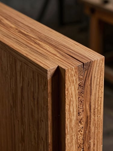 Macro close-up of a perfectly fitted mortise and tenon joint in warm teak wood, sharp focus, industrial workshop background with dramatic side-lighting cutting through subtle dust, highlighting the rich wood grain texture.