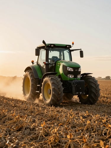 Wide-angle shot of a modern green tractor driving through a dusty soybean field at golden hour, kicking up dust, warm sunlight flare