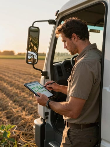 A farm manager in a clean truck cab reviewing agricultural data on a tablet, warm golden-hour sunlight casting long shadows across the fields outside, 35mm lens, warm editorial photography