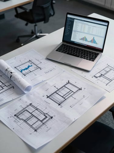 Wide overhead shot of a technical workstation, blueprints and financial models spread across a large desk under cool studio light, laptop screen showing data charts, no people, architectural precision