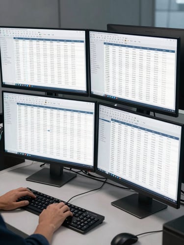 Overhead wide shot of a financial analyst workstation, multiple monitors displaying dense spreadsheets and data tables with rows of company financials, cool studio lighting from above, hands resting on keyboard, no faces visible, crisp clinical environment