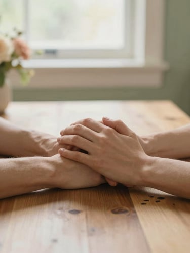 warm editorial photography, close-up of two hands resting together on a wooden dining table next to a subtle floral arrangement, soft natural window light, sage green and warm cream tones