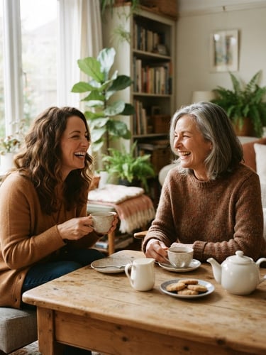 warm editorial photography, candid moment of an adult daughter and her mother laughing together over tea in a comfortable sunlit living room, soft natural window light, inviting earth tones, shallow depth of field