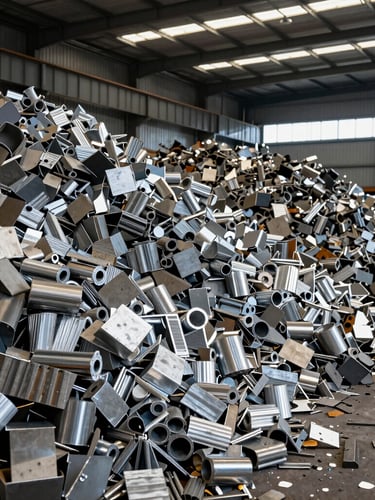 A modern metals recycling facility with sorted high-contrast piles of steel and aluminum under bright warehouse lighting