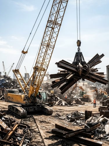 Wide shot of a heavy-duty yellow crane lifting massive scrap metal beams in an industrial yard under harsh midday sun, realistic grit, high contrast