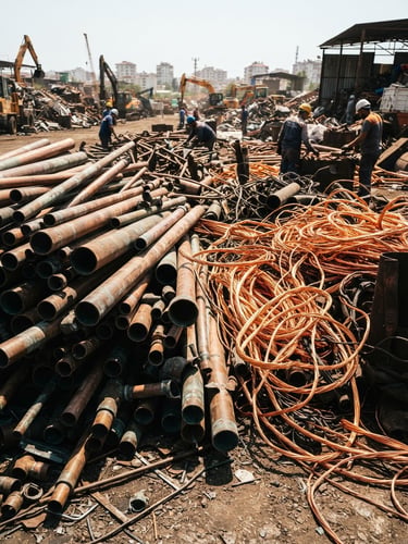 Raw industrial photography of sorted copper pipes and bright copper wires inside an Adana recycling yard, harsh midday sunlight casting deep metallic shadows, high-contrast textures.