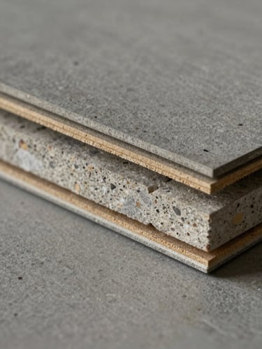 Close-up macro shot of a photorealistic 3D render of SPC flooring cross-section, showing internal layers and stone-polymer composite density, sharp focus, architectural lighting.