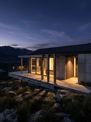 Wide-angle architectural photography of a modern modular home exterior at twilight, casting sharp geometric shadows. Desaturated concrete and timber tones, sharp focus, Hasselblad medium format. The home is set in a dramatic natural landscape, with expansive sky.