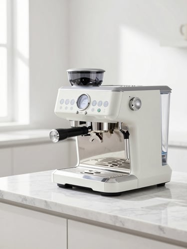 Bright high-key kitchen interior with a modern espresso machine on a clean marble countertop, sunlight streaming through a window, modern retail aesthetic
