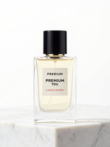 Premium luxury perfume bottle sitting on a clean marble surface with bright studio light, sharp focus, modern retail aesthetic