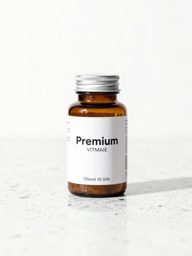 Premium amber glass vitamin bottle on a clean white granite surface, soft natural morning light, high-key studio style