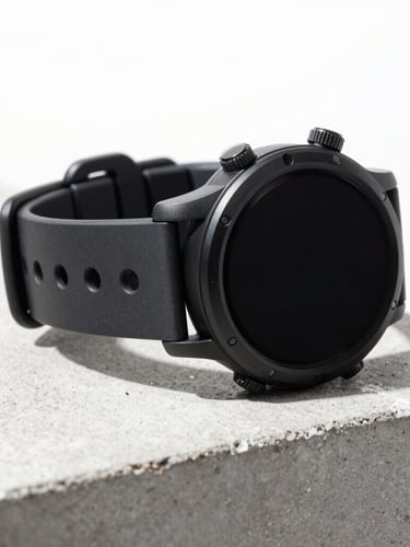 Close-up of a rugged black smartwatch on a concrete surface, dramatic side lighting, high-contrast studio photography, white background