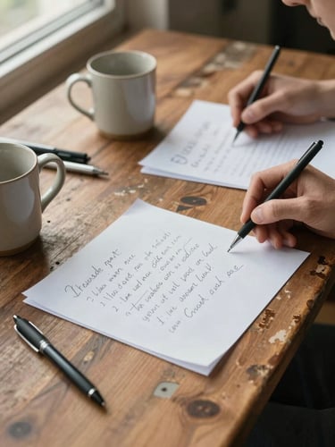Close-up overhead of a worn wooden table with handwritten notes on loose paper, two ceramic mugs, a few scattered pens, and someone's hands resting mid-thought — natural window light from above left, soft shadow detail on the grain of the wood