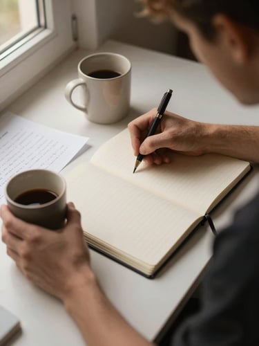 Overhead shot of hands on a table — one person writing in a open notebook, another holding a mug, scraps of paper with handwritten words visible nearby, warm honey-toned window light from the left, intimate and in-progress