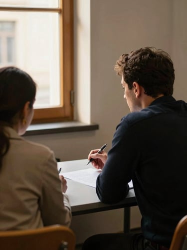 Candid documentary shot from behind two people sitting side by side at a long table, one holding a pen mid-sentence, the other leaning in, warm golden window light from the left, handwritten notes visible on the paper between them
