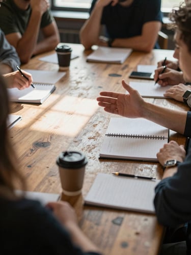 Close-up wide shot of a small group seated around a worn wooden table mid-workshop, one person mid-sentence with hands open, notebooks and coffee cups scattered in the foreground, warm natural window light raking across the table surface, candid and unposed