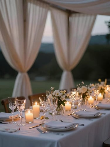 A beautifully set outdoor reception table at dusk, with soft linen drapes catching the breeze, delicate crystal glassware reflecting warm candlelight, and soft natural foliage in the background.