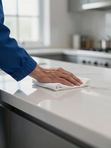 Close-up wide shot, hands in a branded blue uniform cuff pressing a white microfiber cloth firmly across a gleaming kitchen countertop, bright natural north-facing window light flooding from the left, surface reflections visible, crisp depth of field with the clean counter edge sharp and the background kitchen softly blurred