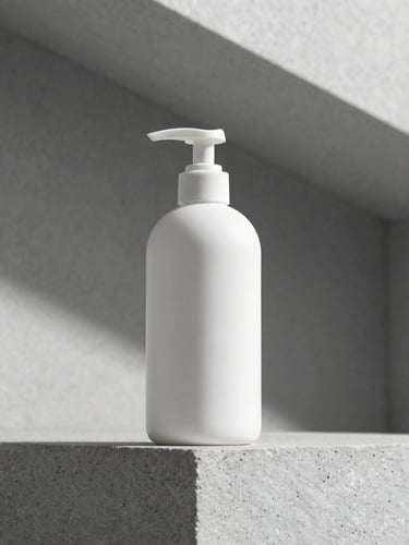 A minimalist white shampoo bottle resting on a stark stone ledge, sharp architectural lines, cool clinical lighting.
