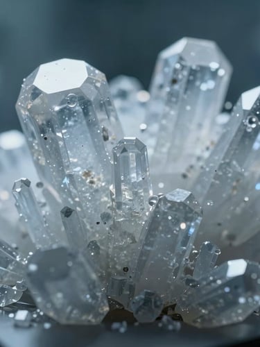 Macro close-up of high-purity crystalline structures under cool clinical laboratory lighting, sharp geometric facets, deep shadows, sterile scientific aesthetic