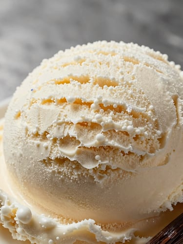 Extreme close-up of premium vanilla bean ice cream texture, cool clinical lighting, clean stainless steel background, macro shot.