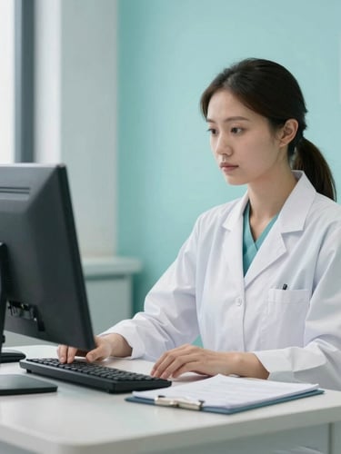 A professional billing specialist in a focused, collaborative medical office environment, cool slate and teal tones, sharp focus.
