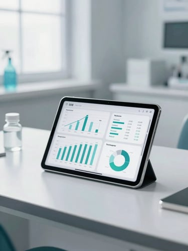 Clean modern clinical workspace with secure tablet showing revenue charts under bright daylight, cool slate tones.