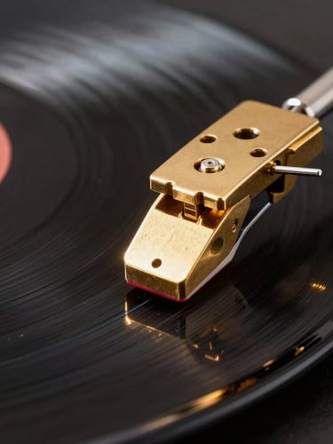 Extreme close-up of a high-end gold-plated record needle touching a vinyl groove, dark obsidian background, sharp chiaroscuro lighting, warm gold atmospheric flare, cinematic wide-angle.