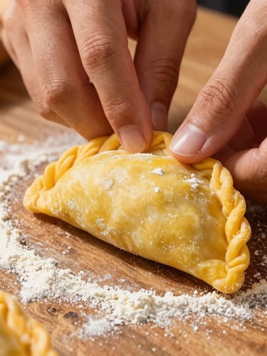 Tight macro shot of hands crimping the edge of a raw yellow corn dough empanada on a rustic wooden table, dusted with corn flour, warm side lighting.