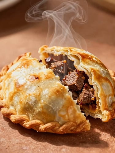 A close-up of a blistered golden empanada being broken open, steam rising from the seasoned beef filling, set against a rustic terracotta surface in direct, warm afternoon sunlight.