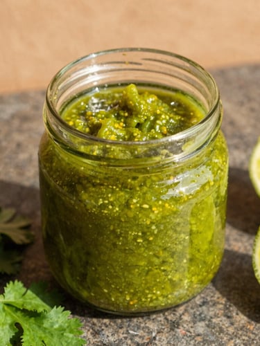Close-up of a glass jar filled with vibrant green ají sauce, fresh cilantro leaves and lime wedges scattered on a dark stone counter, direct sunlight.
