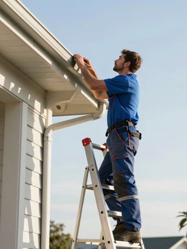 A professional technician safely standing on a stabilized ladder, cleaning home eavestroughs under bright morning sunlight, sharp focus, 35mm lens