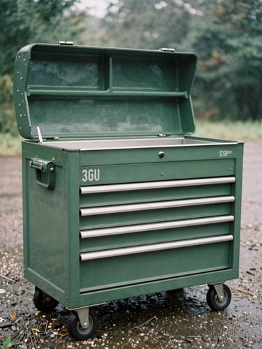 A heavy-duty steel tool chest sitting on a damp gravel driveway, soft overcast morning light, desaturated forest green tones, 35mm film
