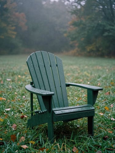 A dark green solid-state Adirondack chair sits on a dew-covered lawn during a misty, overcast autumn morning, desaturated forest green tones, 35mm film.