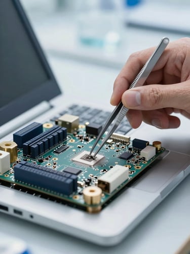 Macro shot of a technician in a clean, blue-lit lab using precision tweezers on an open laptop motherboard, sharp detail, 35mm.