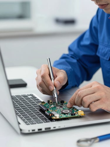 A certified technician in a clean, bright, cool-toned workshop using precision tools to repair an open laptop motherboard, blue accents.