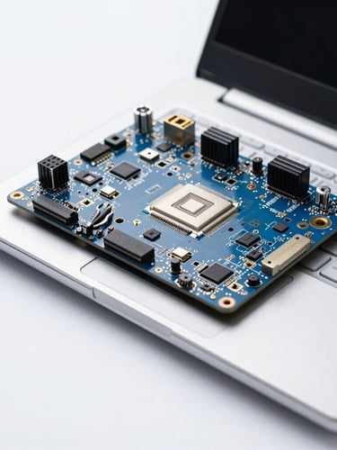 Crisp tech photography of an open laptop motherboard with precision tools, bright clean studio lighting, cool blue and white tones, sharp macro detail, 35mm