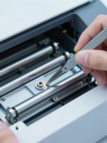Macro shot of a technician using precision tweezers to adjust the internal rollers of a disassembled laser printer, bright clean studio lighting, cool blue tones, 35mm