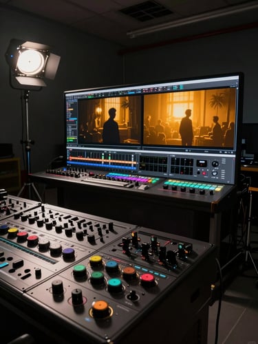 Wide shot of a film production suite interior — a large grading monitor glowing with a deep amber cinematic still, rows of hardware panels and color grading wheels in foreground, hard tungsten key light cutting across the room from upper left, deep practical shadows filling the right edge, no people visible