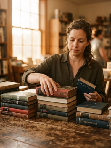 A volunteer hand-sorting a stack of classic hardcover books on a rustic wooden table, warm golden-hour light streaming through a window, shallow depth of field, 35mm photography