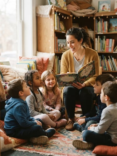 A warm, natural light portrait of an educator reading a physical book to a small circle of children in a cozy library alcove, shallow depth of field, 35mm.