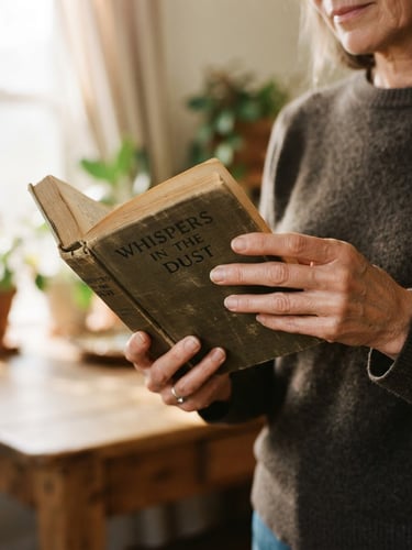 A warm close-up of hands holding a worn physical book under soft natural window light, 35mm photography