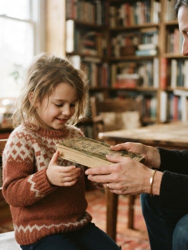 Warm editorial photography of hands passing a physical book to a child, soft natural window light, rich earthy tones, 35mm