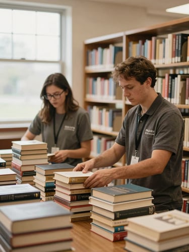 A warm, natural light photograph of a volunteer and an Indiana educator sorting stacks of physical books inside a community library, shallow depth of field, 35mm